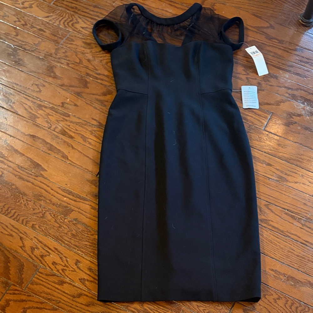 Maggy London Black Midi Sheath Dress with Sheer Yoke and Cap Sleeves